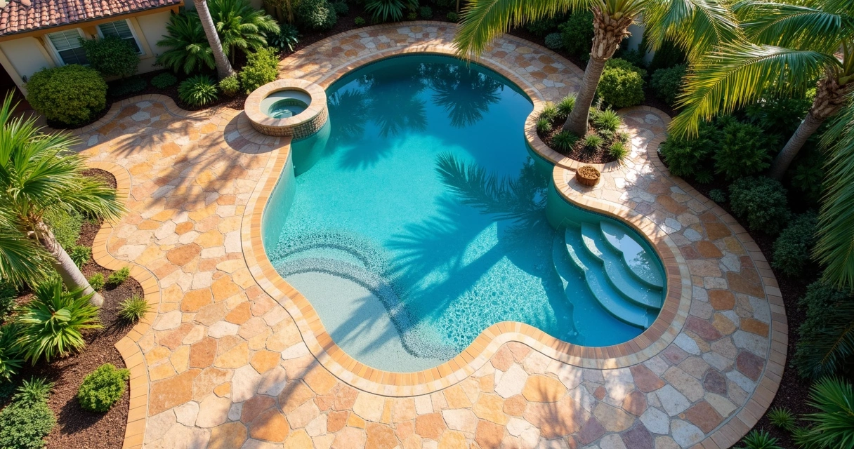 Stamped concrete pool deck with natural stone pattern and tropical landscaping 