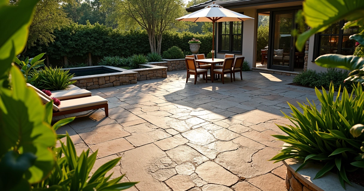 Stamped concrete patio with tropical landscaping 