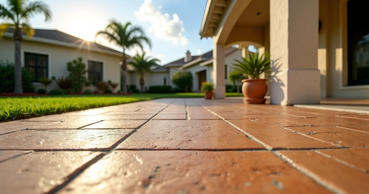 Clean stamped concrete patio at a Florida home with subtle tropical landscaping 
