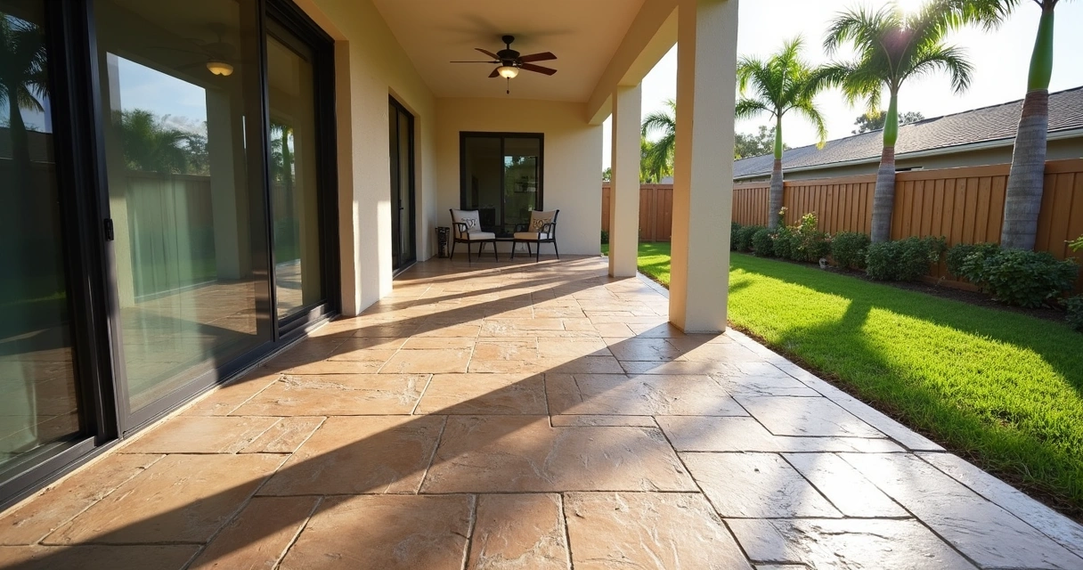 Stamped concrete patio at a Florida home with natural stone pattern 