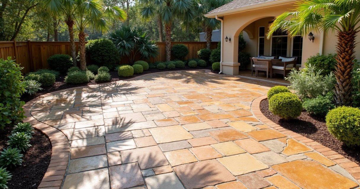 Stamped concrete patio with random stone pattern and tan-brown color variations.