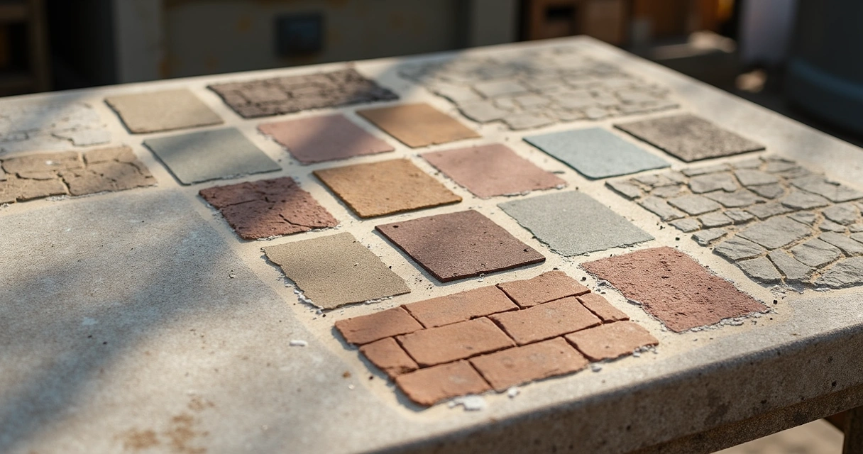 Stamped and colored concrete samples in different patterns and colors