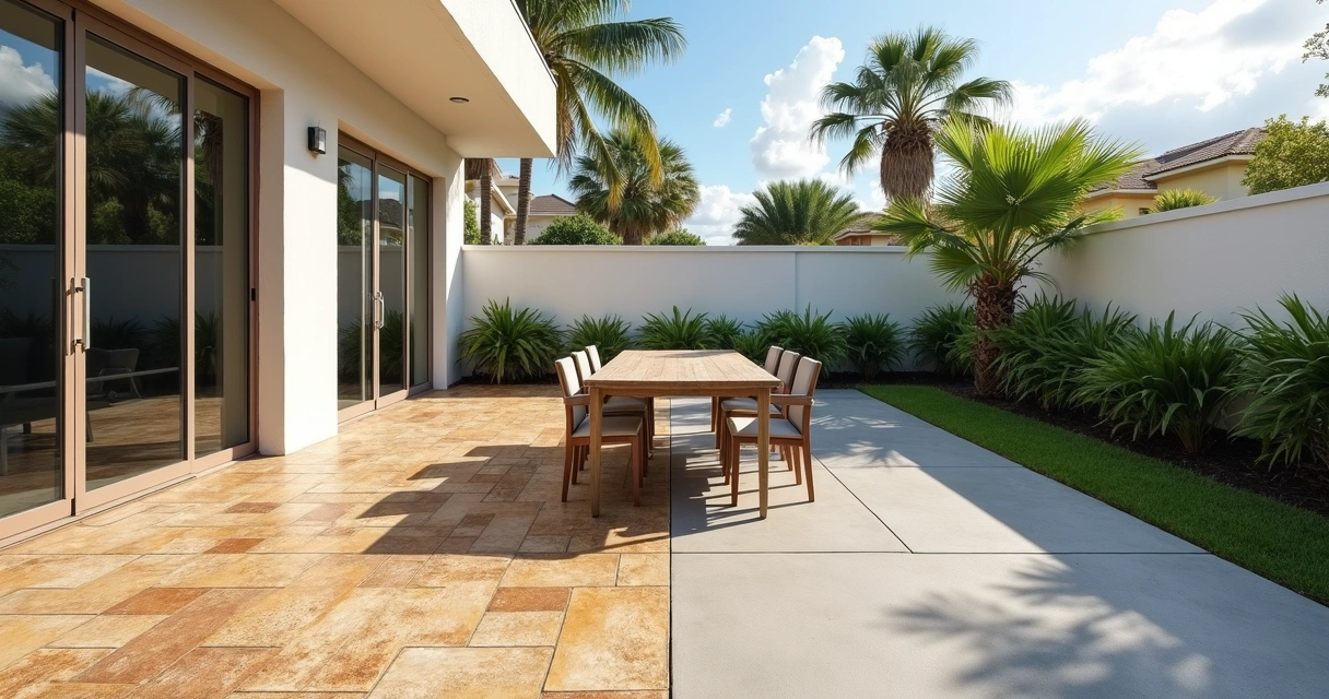 Overlap view of stamped and colored concrete patio sections in a Central Florida backyard 