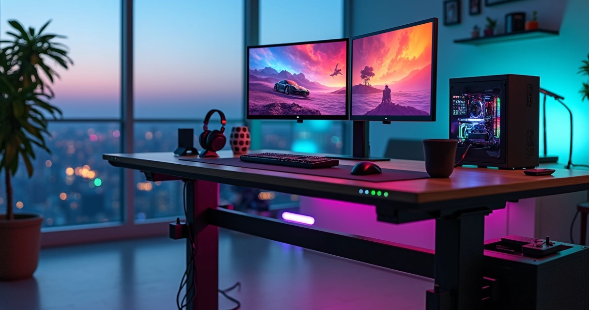 Stand desk regulável com setup gamer e profissional combinado 