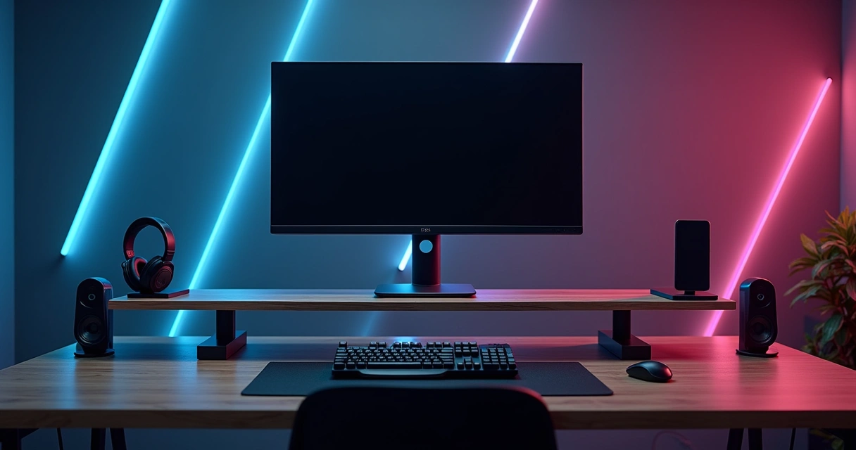 Mesa larga com stand para monitor elevando tela em setup gamer e profissional 