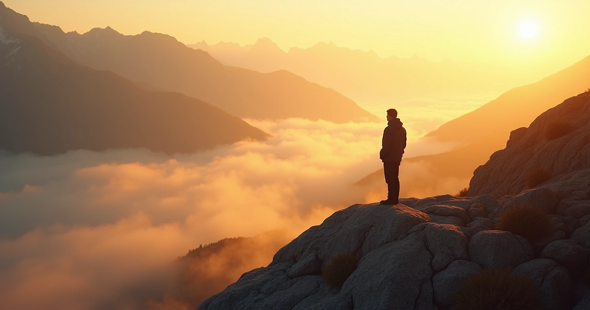 Person standing on a mountain at dawn, surrounded by fog 