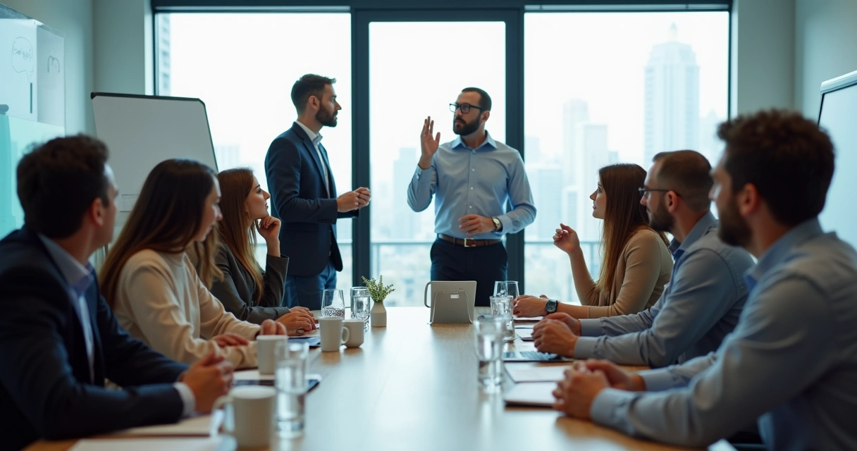 Employee in meeting room expressing concern during group discussion 