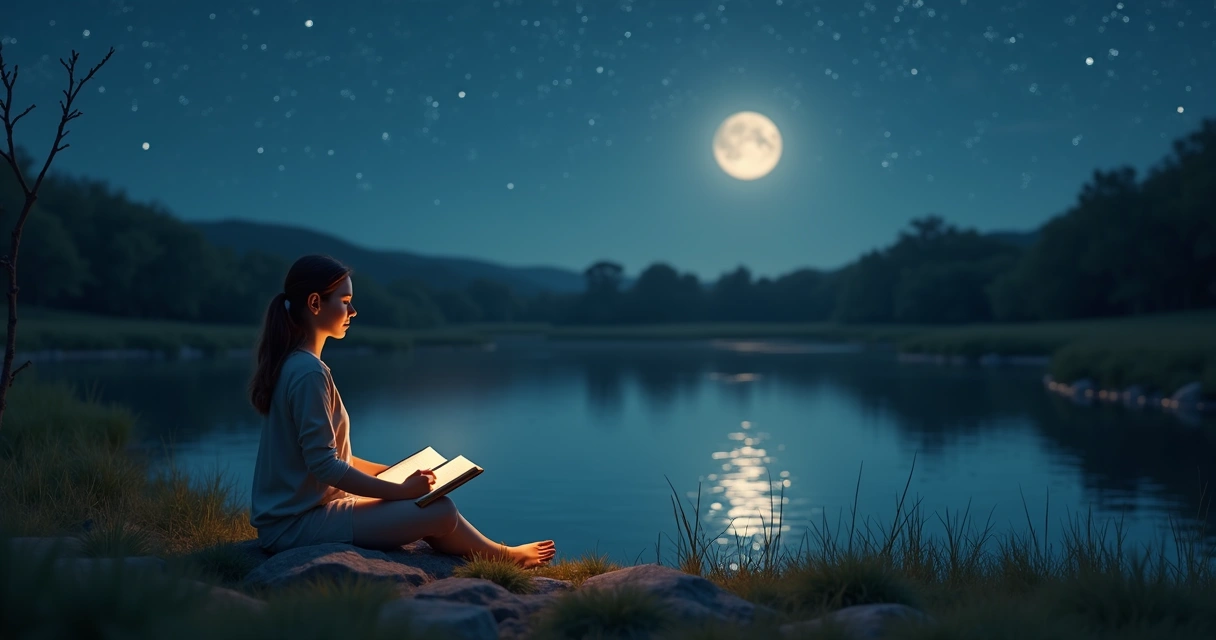 Woman journaling and meditating by a calm pool at night with stars above 