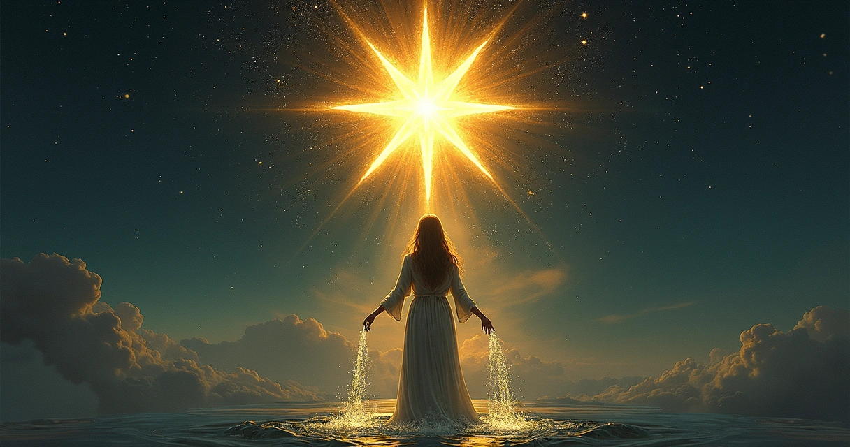 The Star tarot card showing a glowing star above a woman pouring water under a dark sky 
