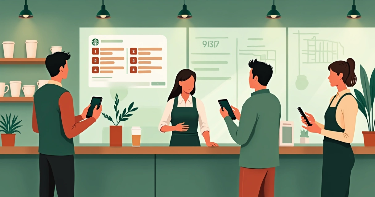 Barista, app do Starbucks no celular e tela de pedidos automatizados 