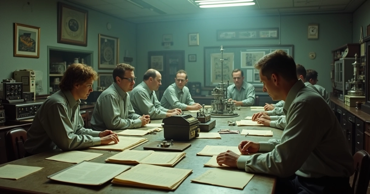 Vintage laboratory with researchers and military personnel at long wooden table, mid-20th century equipment, faded files scattered, soft daylight, muted color palette 