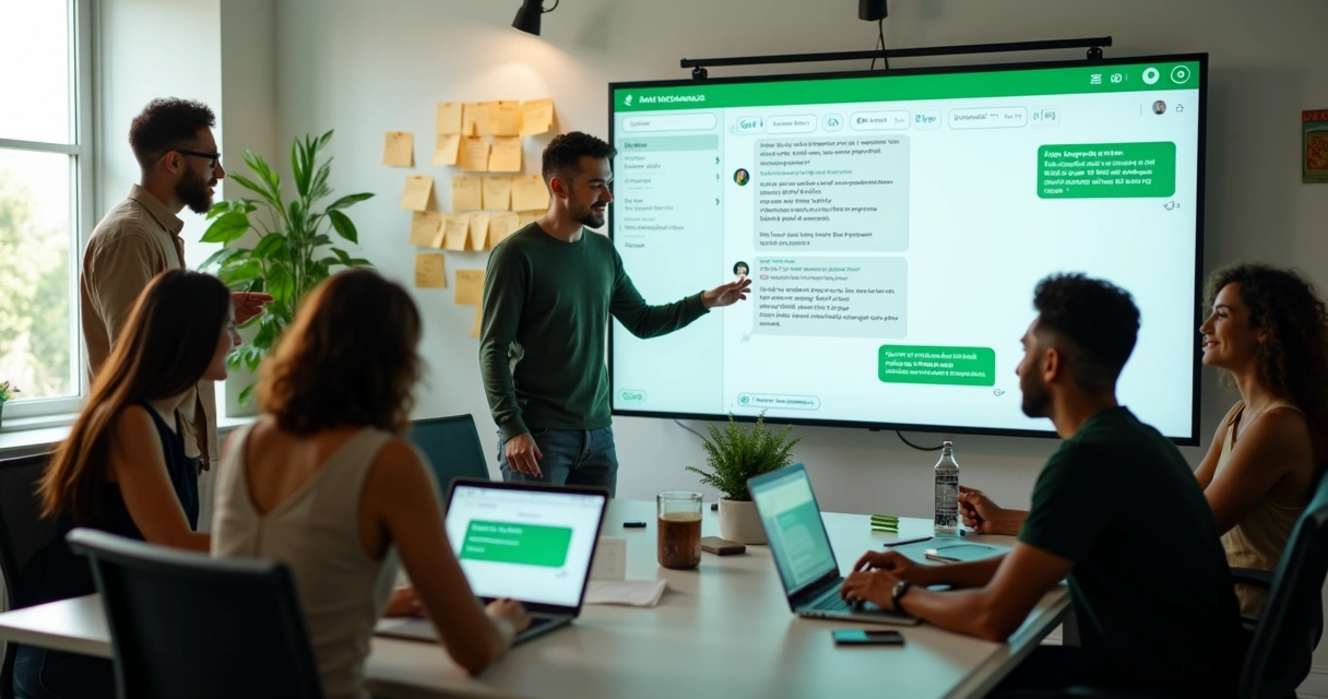 Reunião de equipe de startup programando agente de IA em escritório moderno 