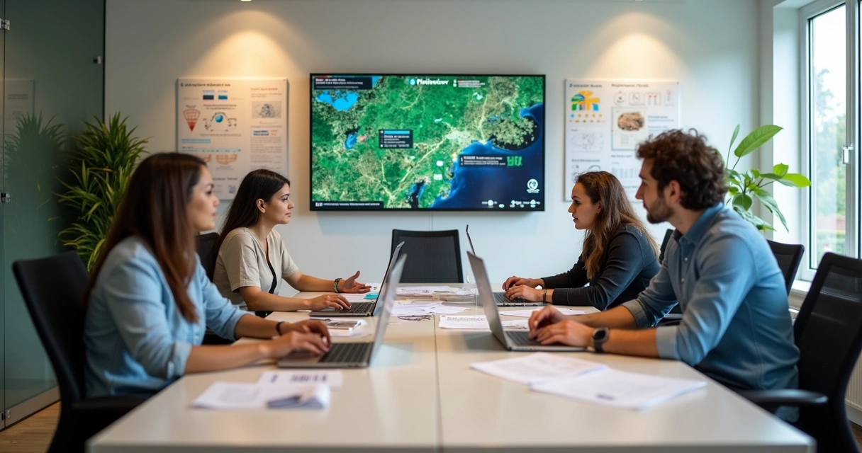 Equipe de startup discutindo tecnologia agrícola 