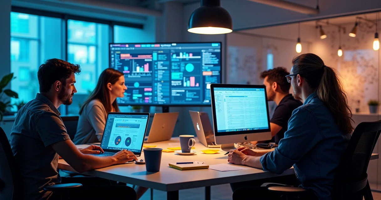 Equipe de startup reunida, acompanhando painel de chamados de TI frente a computadores 