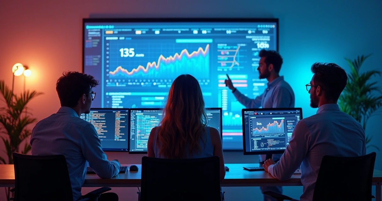 Equipe de startup analisando dados de IA em telas 