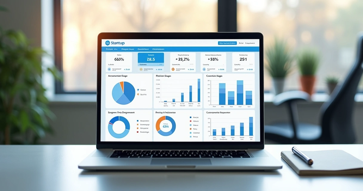 Laptop showing revenue analytics and startup market research metrics