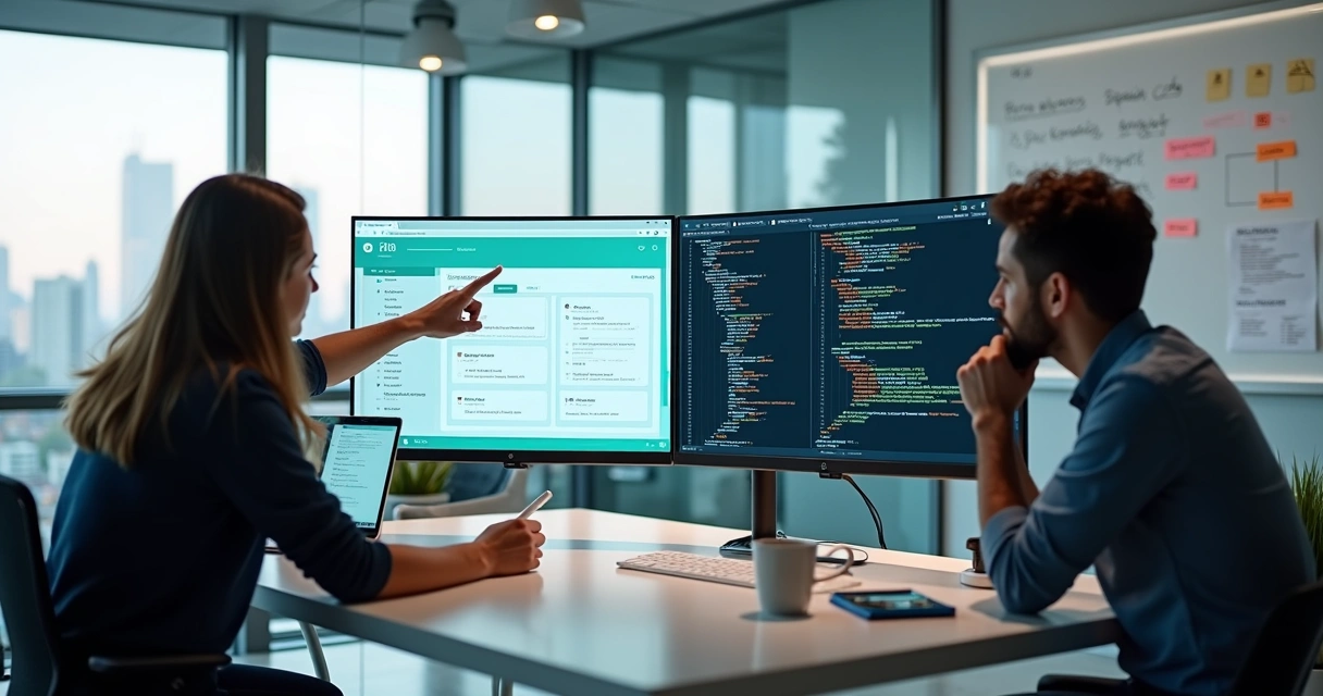 Fundadores de startup analisando fluxos de emissão de nota fiscal em tela dividida com opção de API pronta e integração do zero 