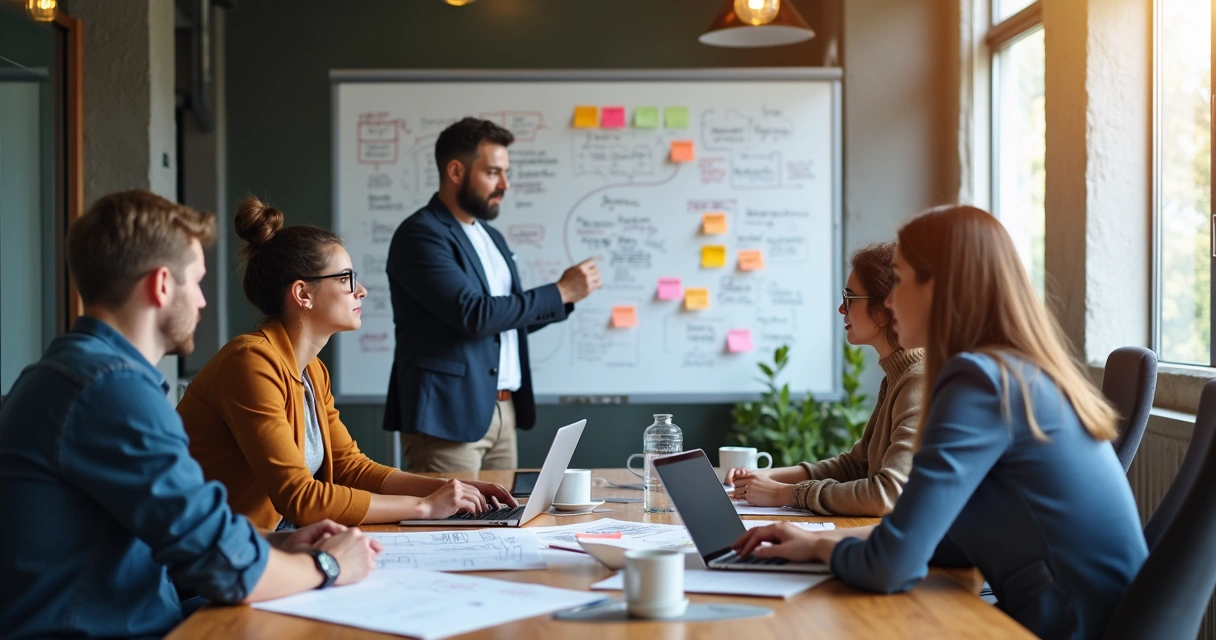 Team brainstorming app development ideas with laptop and sketches on whiteboard 