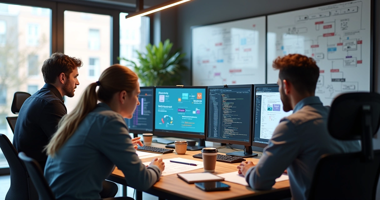 Developers collaborating on app design and code on multiple screens in modern office 