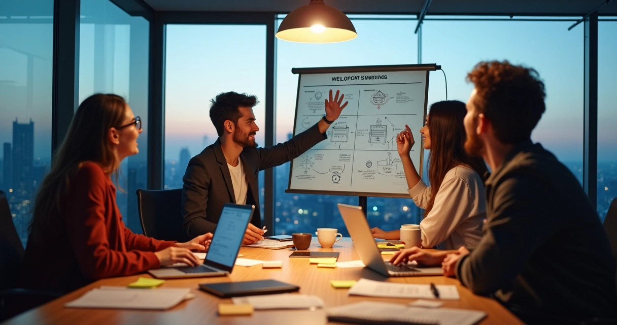 Team brainstorming for an app idea with sticky notes and laptops 