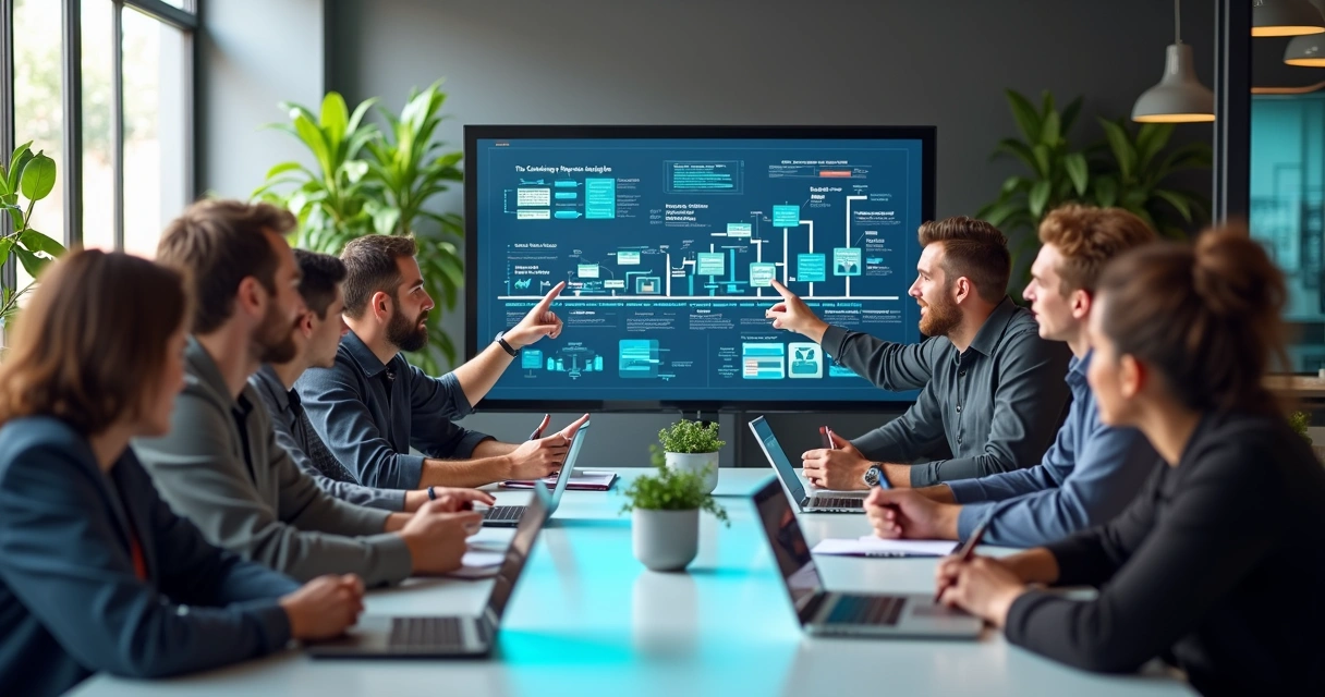 Workspace with founders and developers discussing app project timeline on large digital screen 