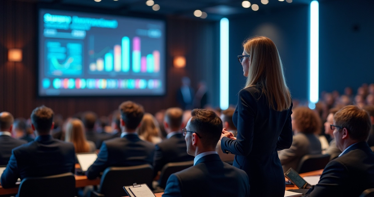 Pitch de startup com gráficos financeiros em tela 