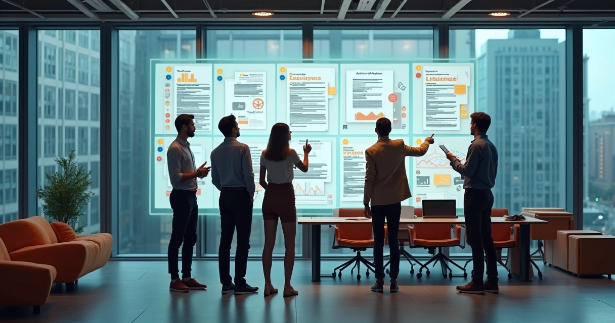 Equipe de startup organizando arquivos digitais em telas no escritório 