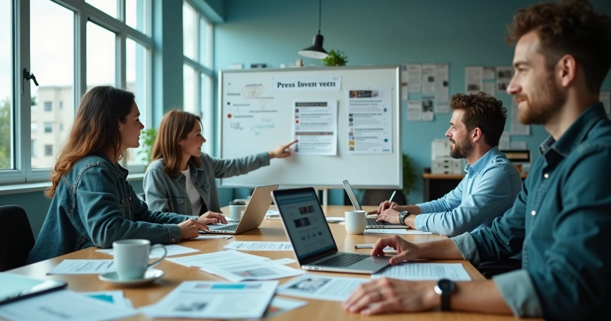 Equipe de startup analisando estratégias de imprensa em reunião 