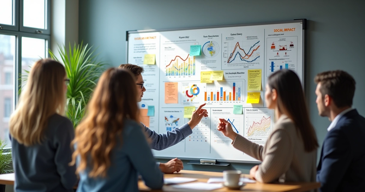 Quadro branco com gráficos e post-its sobre avaliação de impacto social e financeiro 