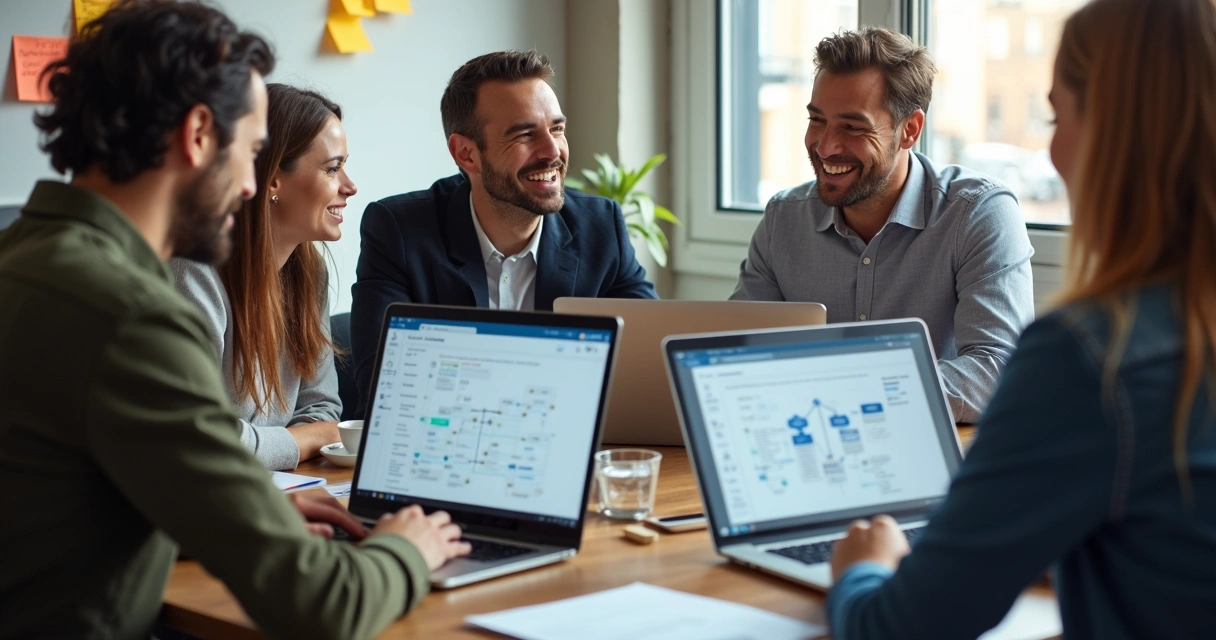 Equipe de startup B2B planejando automação no LinkedIn. 