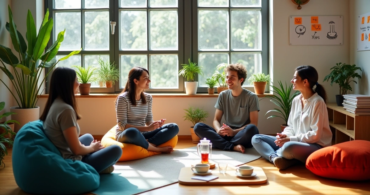 Equipe de startup reunida em espaço informal com foco em bem-estar emocional. 