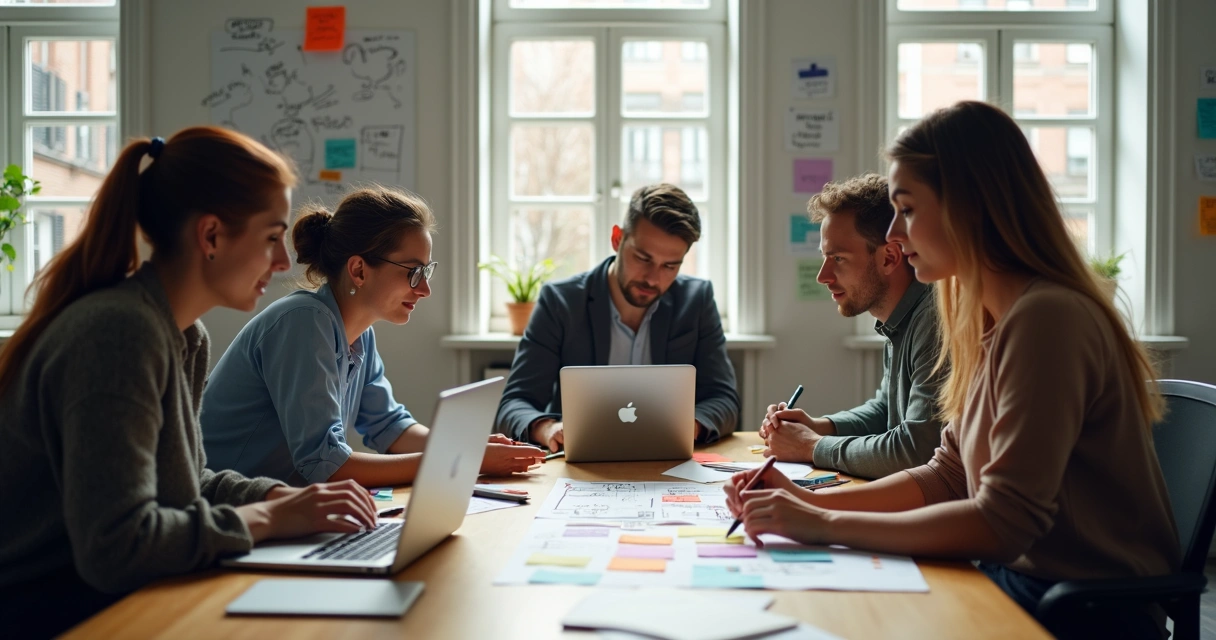 Team brainstorming at a table with laptops and notepads 