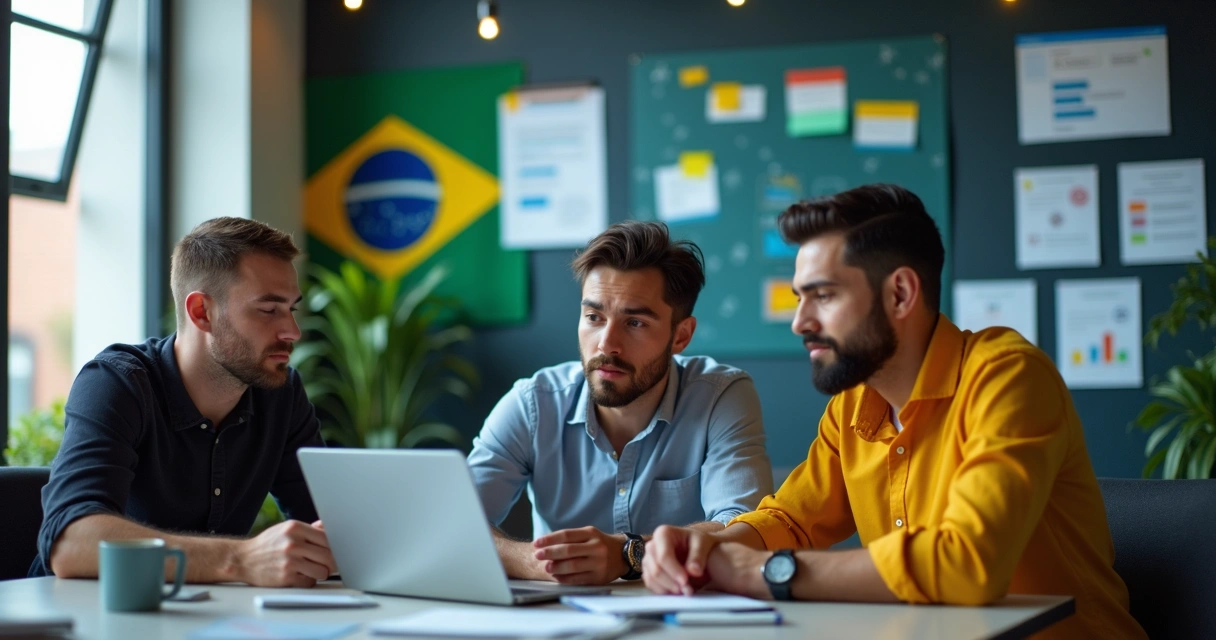 Pequena equipe de startup brasileira discutindo desafios em escritório moderno 