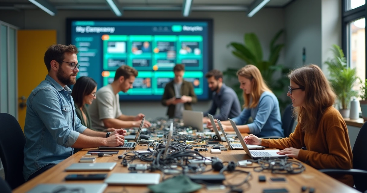 Funcionários separando eletrônicos para reciclagem em startup 