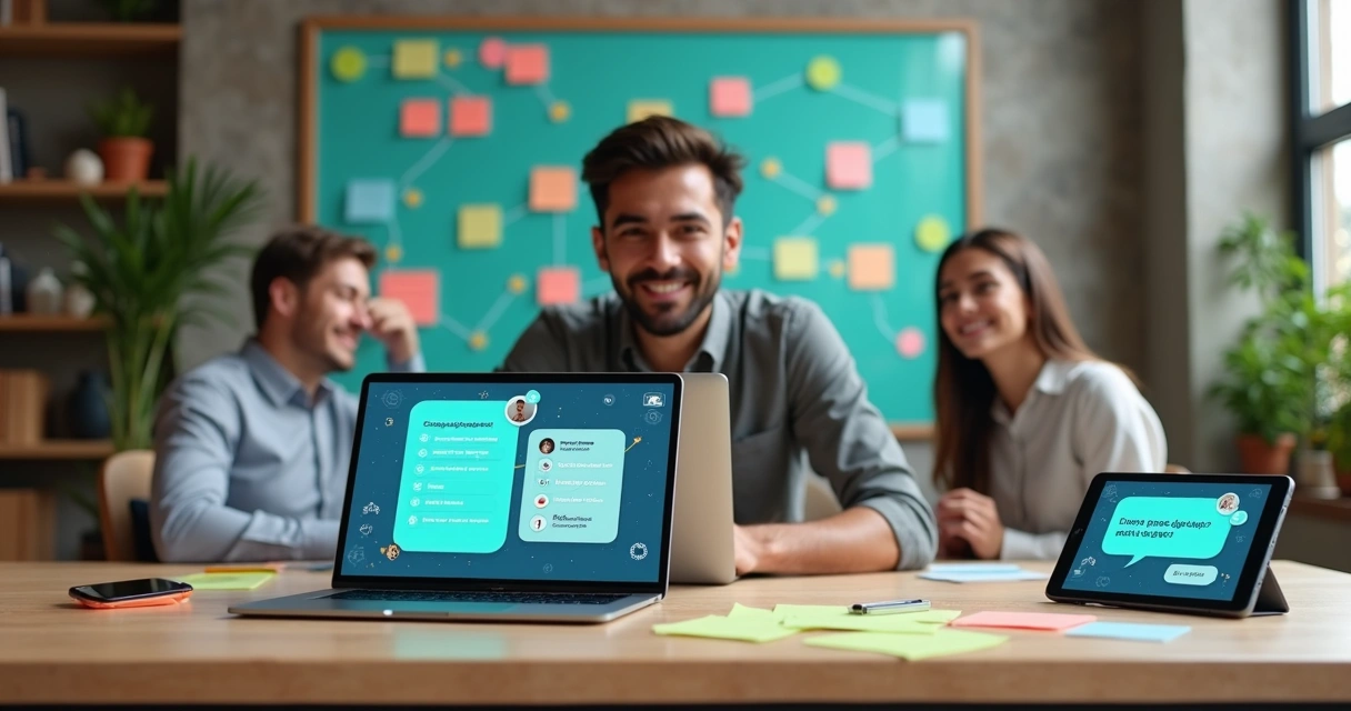 Fundador de startup acompanha atendimentos de chatbot em tablets coloridos 