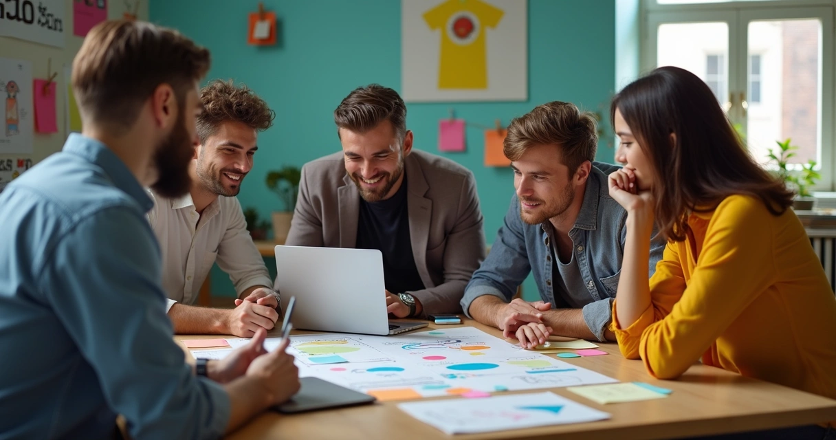 Small business team and developer collaborating around a laptop 