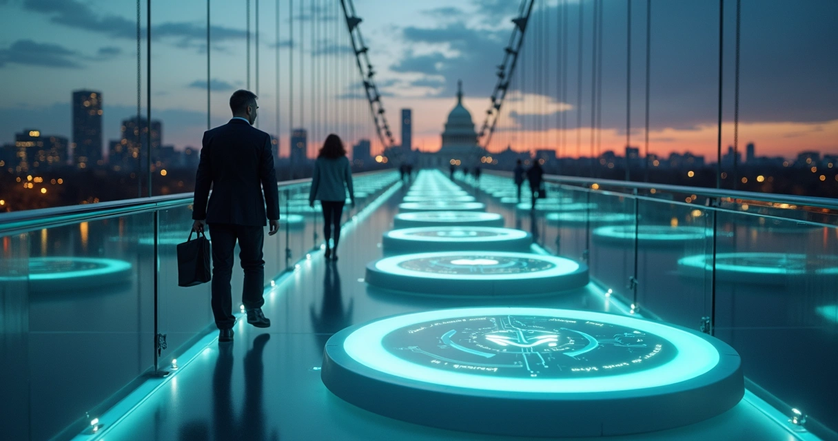 Startup founders crossing digital compliance bridge toward US city skyline 