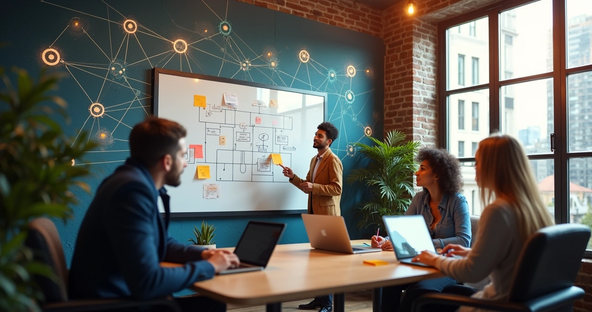 Equipe diversa de startup em reunião informal, quadros brancos, laptops e grafismos coloridos de rede e conexão na parede