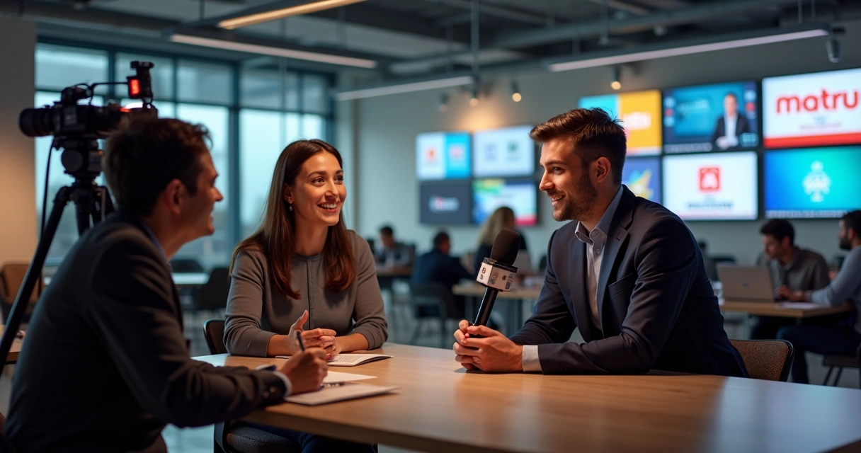 Startup em entrevista para jornalistas com equipamentos de gravação 