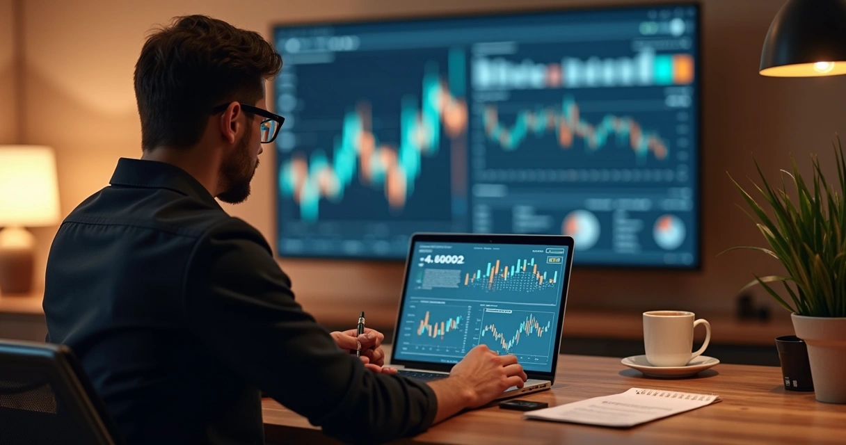Profissional usando notebook com gráficos de criptomoedas e contratos inteligentes em tela