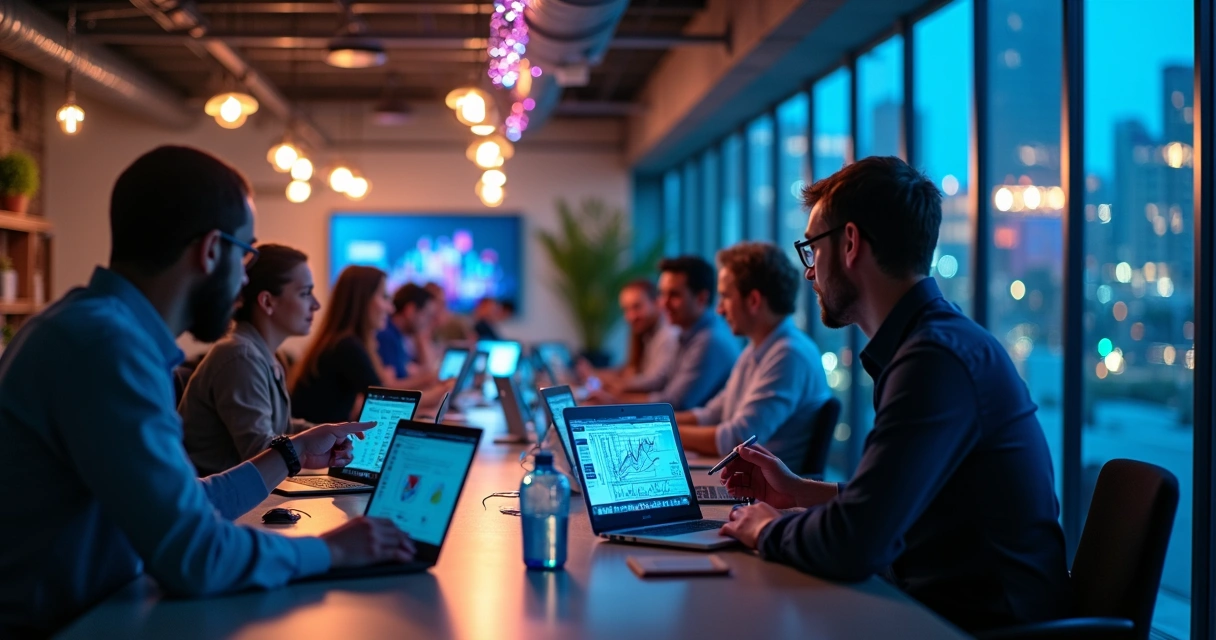 Startup em coworking moderno com cabos de fibra óptica iluminados ao redor 