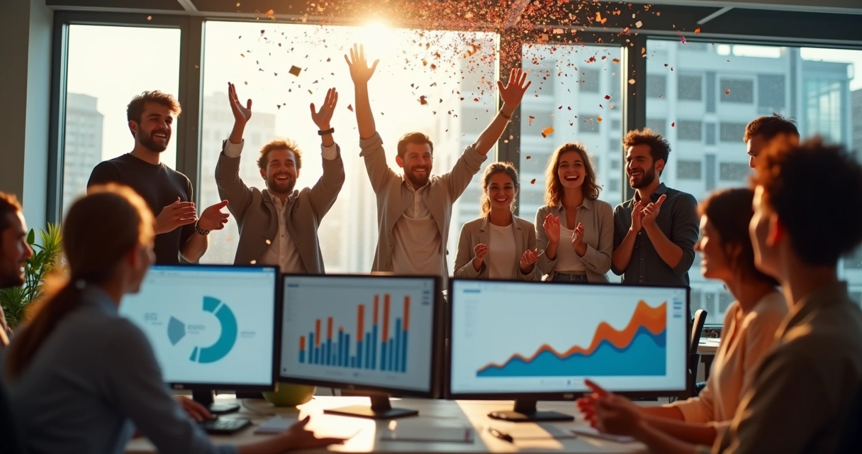Equipe de startup comemorando crescimento após investimento anjo