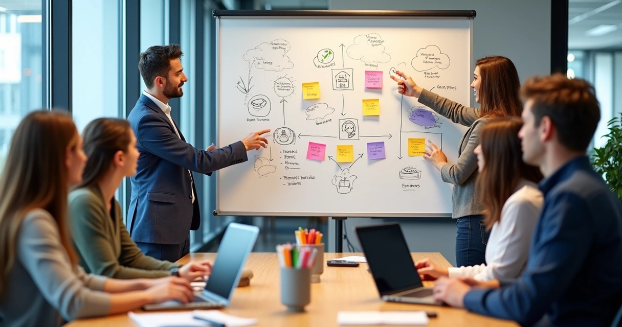 Equipe de startup reunida ao redor de um quadro branco, discutindo estratégias de compliance de dados 