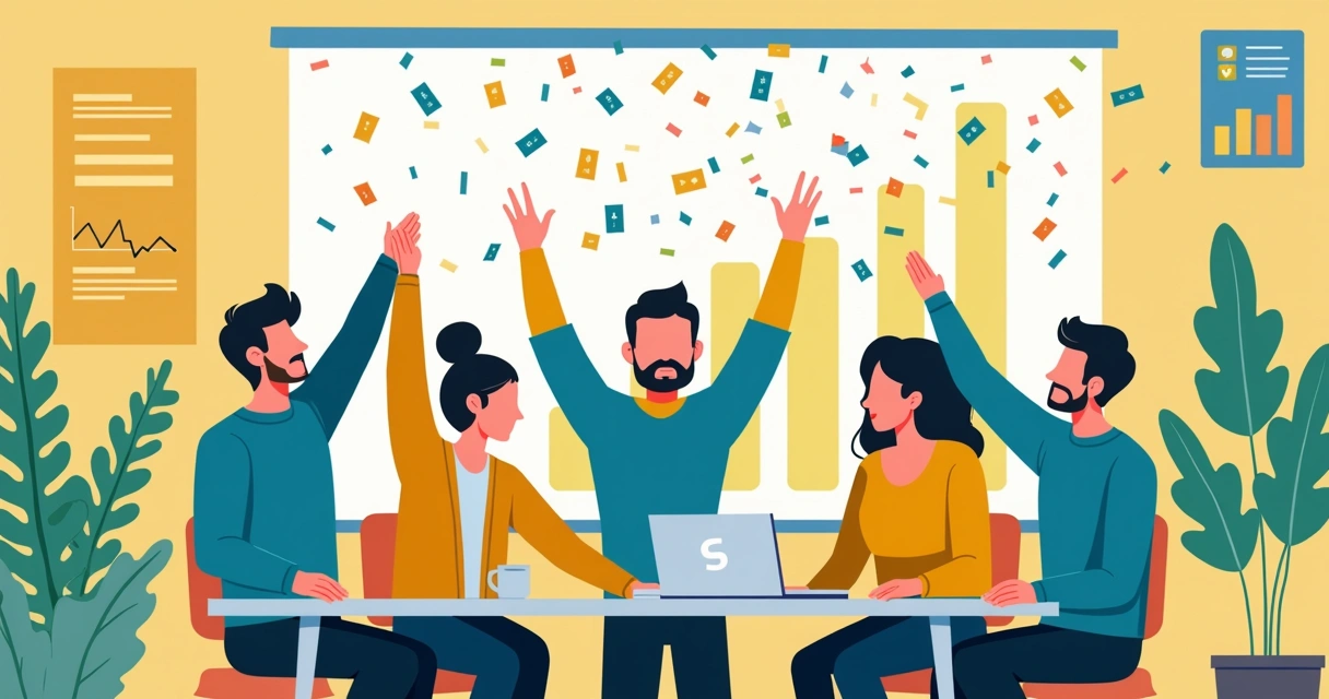 Equipe de startup comemorando crescimento financeiro 