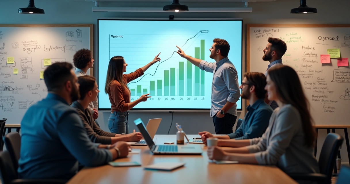 Startup tecnológica celebrando crescimento orgânico diante de gráficos