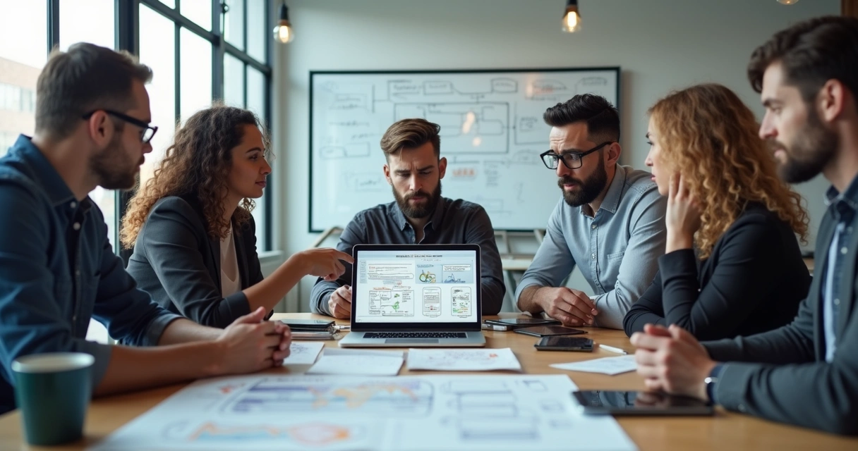 Equipe de startup reunida ao redor de uma mesa com esboços de aplicativo e expressões preocupadas, ambiente moderno e equipamentos tecnológicos 