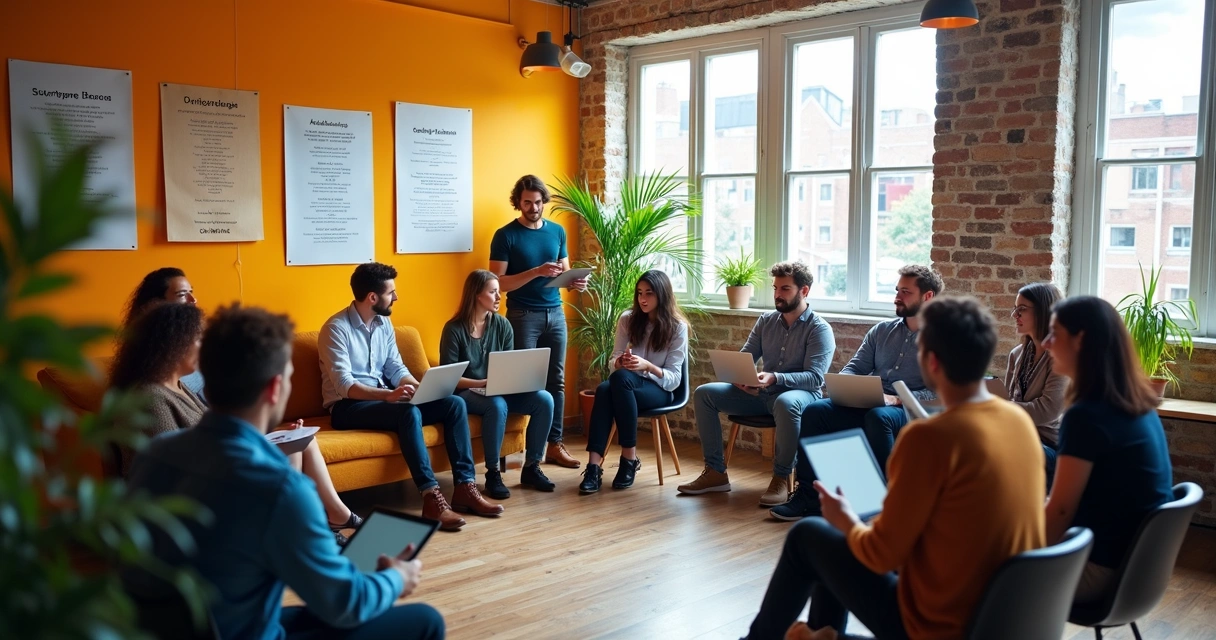 Equipe discutindo valores e cultura organizacional em sala colorida de reunião 