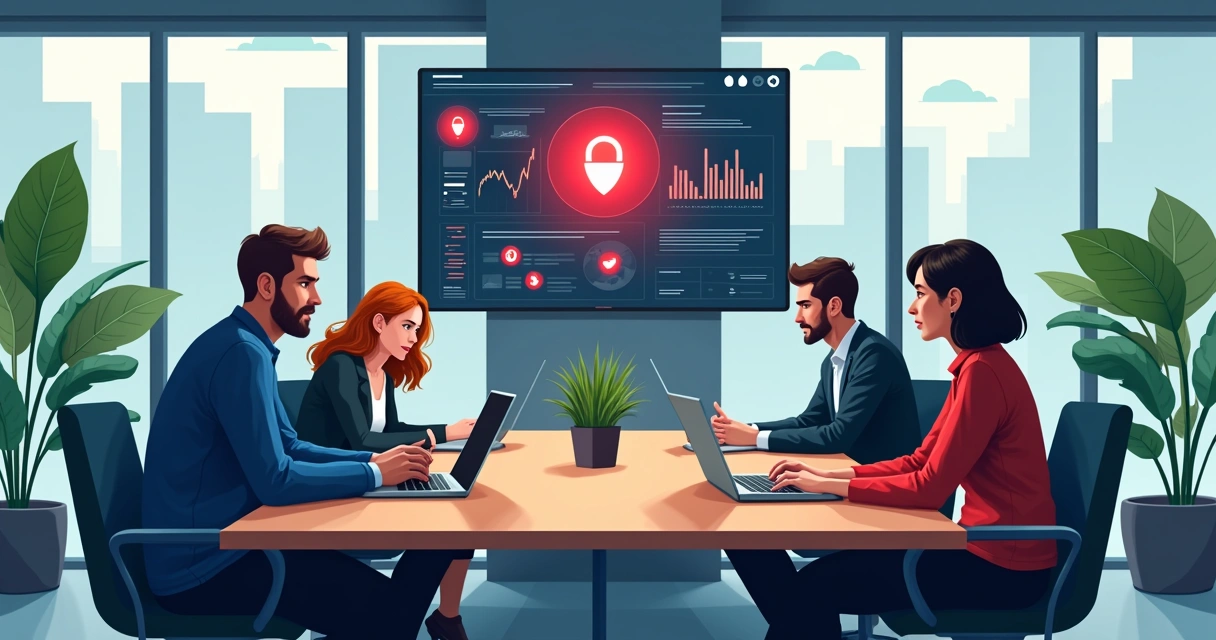 Equipe de startup reunida em sala moderna discutindo cibersegurança com telas ao fundo mostrando alertas digitais 