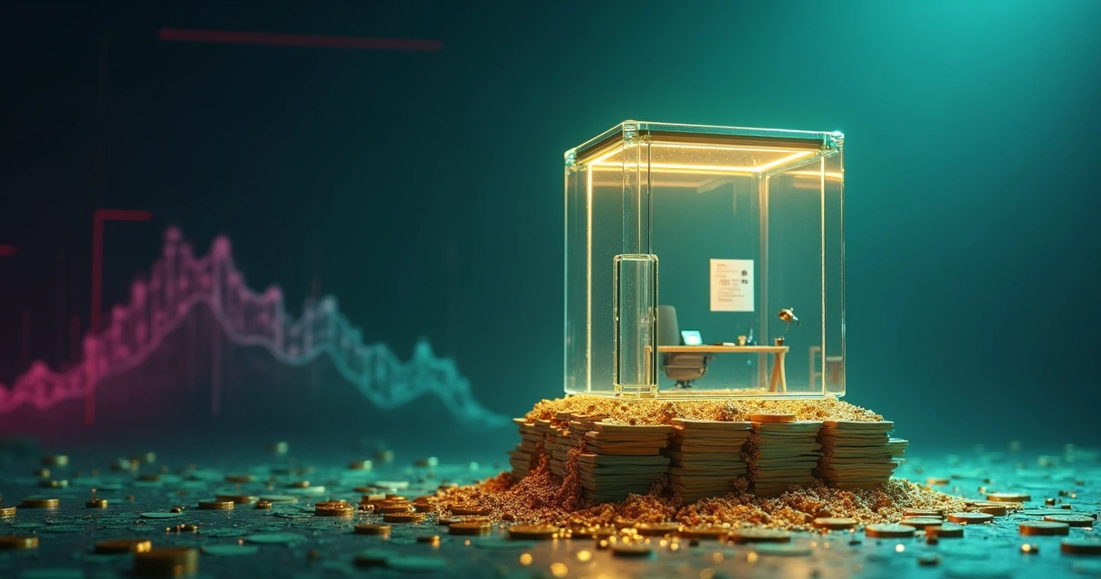 Ilustração de startup derretendo dinheiro em edifício com fundo escuro 