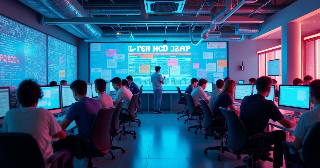 Desenvolvedores em startup programando com quadros e gráficos ao fundo 